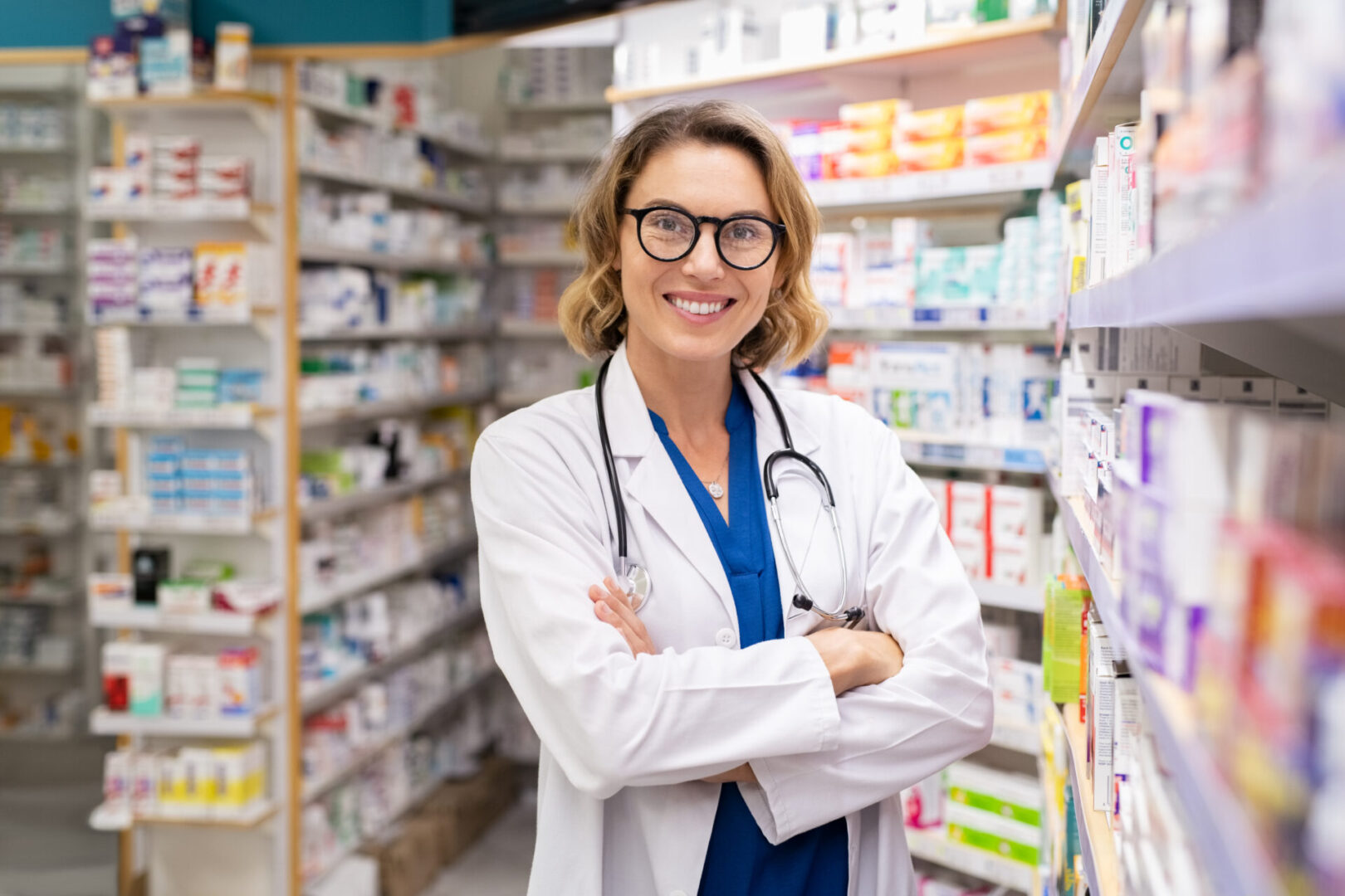 A woman in white coat standing next to shelves of medicine.