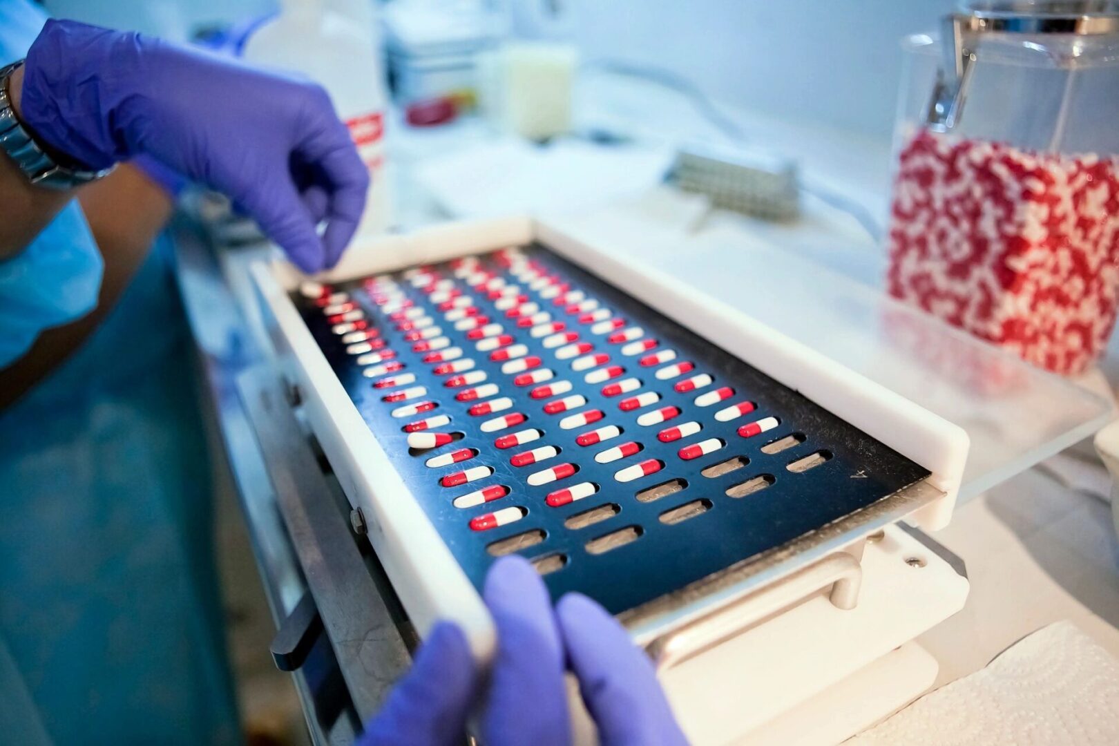 A person in blue gloves is working on a tray of pills.